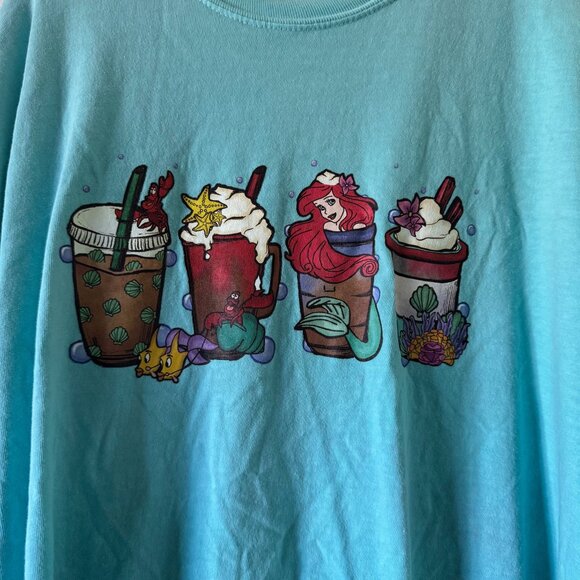 DISNEY LITTLE MERMAID COFFEE LONG SLEEVE AQUA GRAPHIC TEE SHIRT TSHIRT - Picture 2 of 4